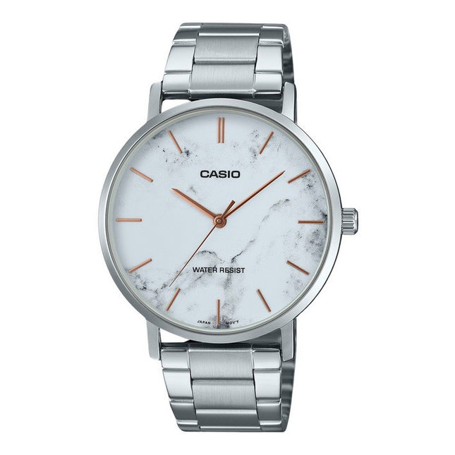 Casio Standard Analog Stainless Steel Marble Inspired White Dial Quartz MTP-VT01DM-7A Men's Watch