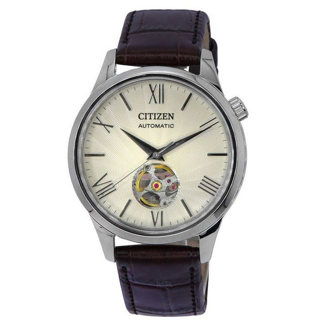 Citizen Calf Leather Strap Open Heart Ivory Dial Automatic NH9130-17A Men's Watch