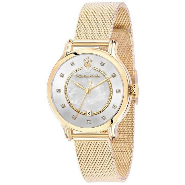 Maserati Epoca Crystal Accents Gold Tone Stainless Steel Mesh Mother Of Pearl Dial Quartz R8853118512 100M Women's Watch