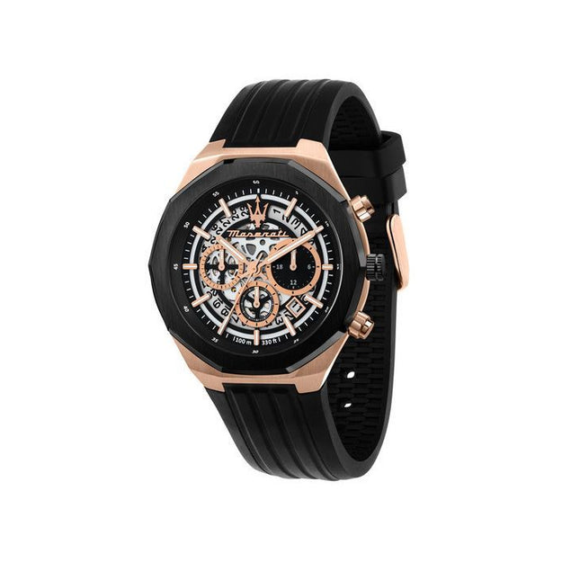 Maserati Stile Chronograph Rubber Strap Black Skeleton Dial Quartz R8871642003 100M Men's Watch