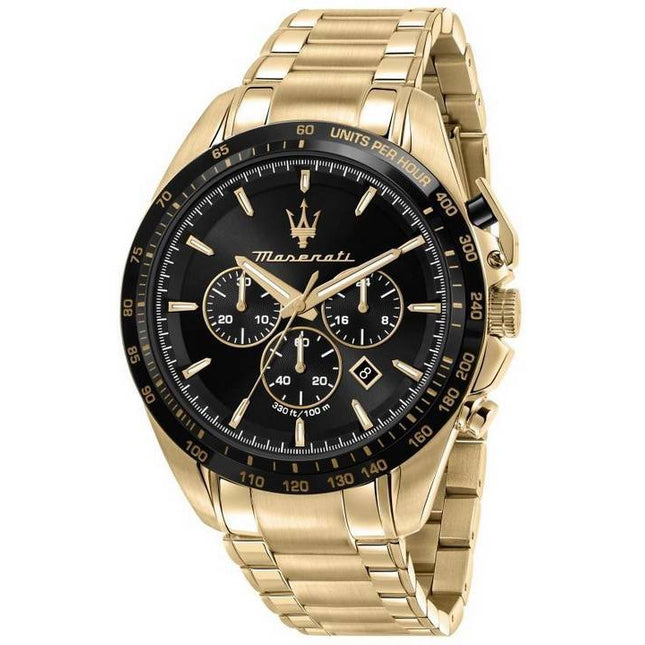 Maserati Traguardo Chronograph Gold Tone Stainless Steel Black Dial Quartz R8873612041 100M Men's Watch