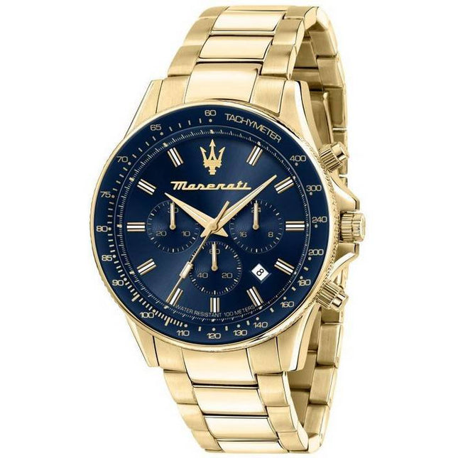 Maserati Sfida Chronograph Gold Tone Stainless Steel Blue Dial Quartz R8873640008 100M Men's Watch