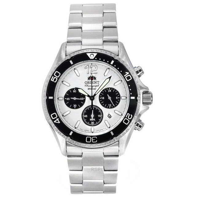 Orient Sports Panda Chronograph Stainless Steel White Dial Solar Diver's RA-TX0203S10B 200M Men's Watch