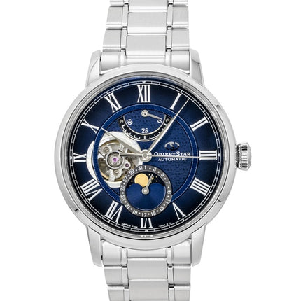 Orient Star M45 F7 Mechanical Moon Phase Stainless Steel Navy Blue Open Heart Dial Automatic RE-BT0006L Men's Watch