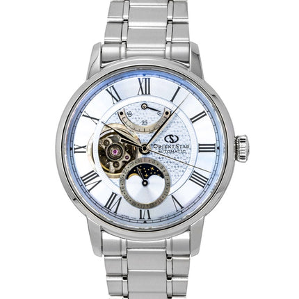 Orient Star M45 F7 Mechanical Moon Phase Stainless Steel Light Blue Open Heart Dial Automatic RE-BT0007L Men's Watch
