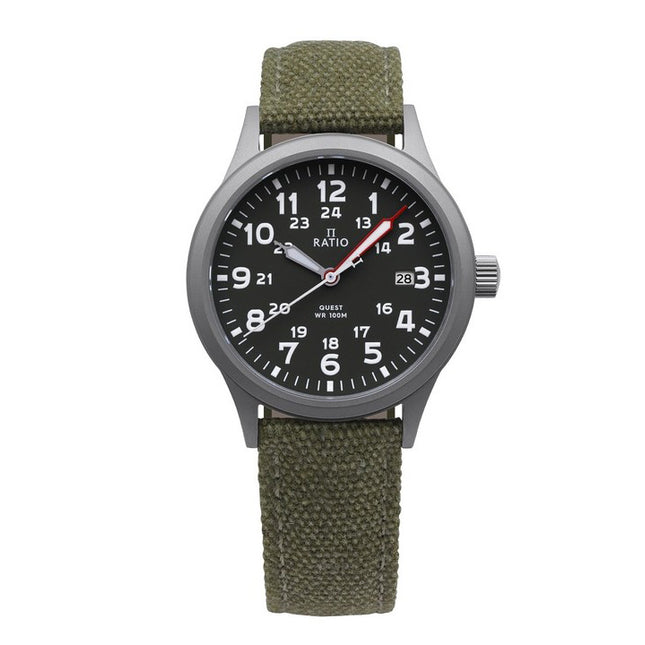 Ratio Quest Men's Field Watch Sapphire Canvas Strap Khaki Green Dial Quartz RTQ029 100M Lewis And Clark Edition
