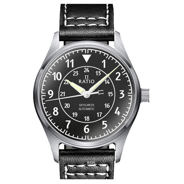 Ratio Skysurfer Pilot Black Textured Dial Leather Automatic RTS310 200M Men's Watch