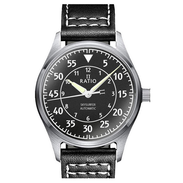 Ratio Skysurfer Pilot Black Textured Dial Leather Automatic RTS320 200M Men's Watch