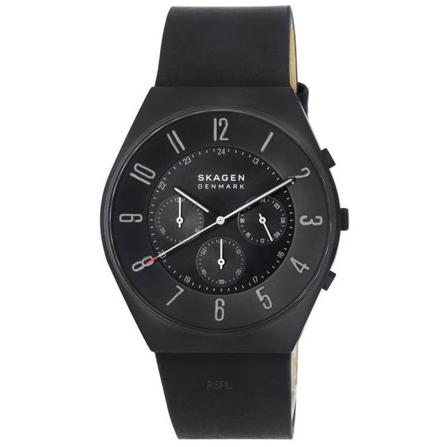 Skagen Grenen Chronograph Midnight Leather Strap Black Dial Quartz SKW6843 Men's Watch