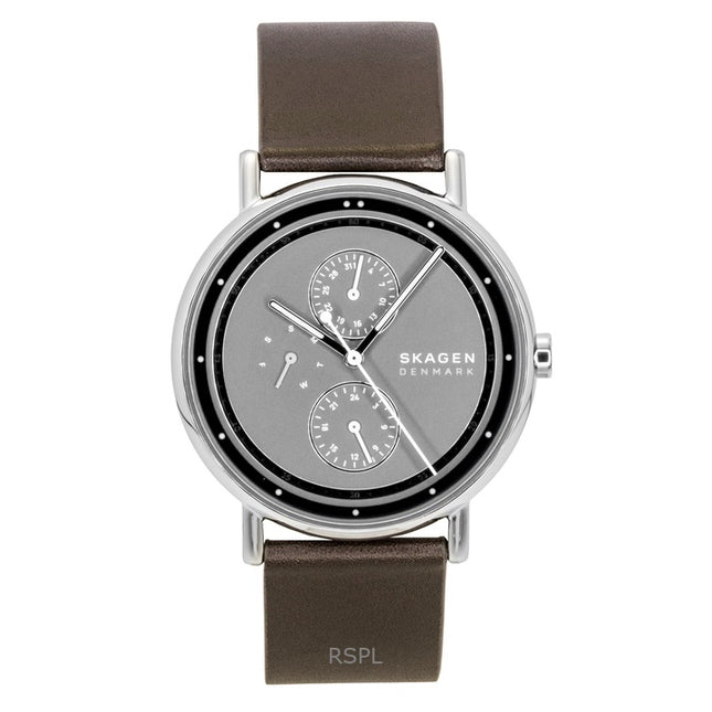 Skagen Signatur Leather Strap Multifunction Grey Dial Quartz SKW6941 Men's Watch