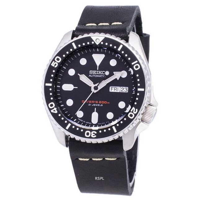 Seiko Automatic SKX007J1-LS14 Diver's 200M Japan Made Black Leather Strap Men's Watch
