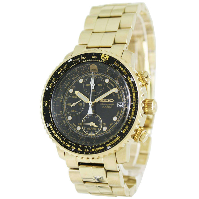 Seiko Alarm Chronograph Pilots Flightmaster Gold Plated SNA414P1 Watch