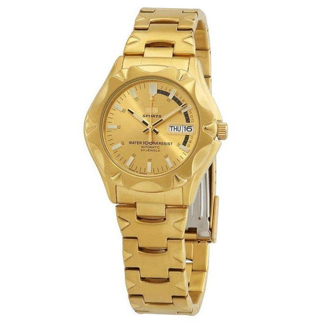 Seiko 5 Sports Gold Tone Stainless Steel Gold Dial 21 Jewels Automatic SNZ450J1 100M Men's Watch