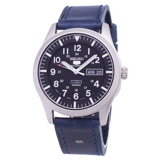 Seiko 5 Sports SNZG15J1-LS13 Japan Made Dark Blue Leather Strap Men's Watch