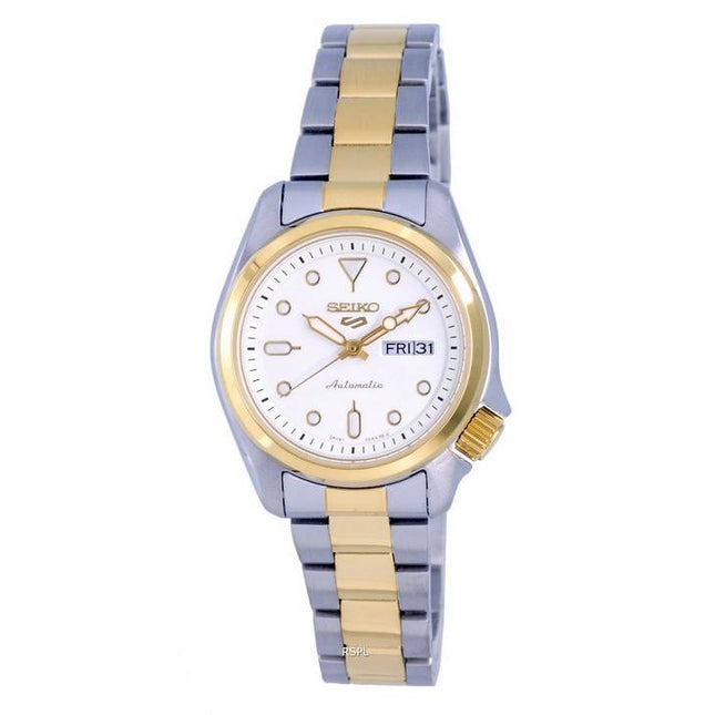 Seiko 5 Sports Two Tone Stainless Steel White Dial Automatic SRE004 SRE004K1 SRE004K 100M Women's Watch