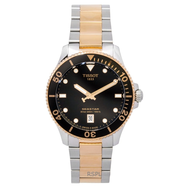 Tissot SeaStar 1000 Two Tone Stainless Steel Black Dial Quartz Diver's T120.410.22.051.01 300M Men's Watch