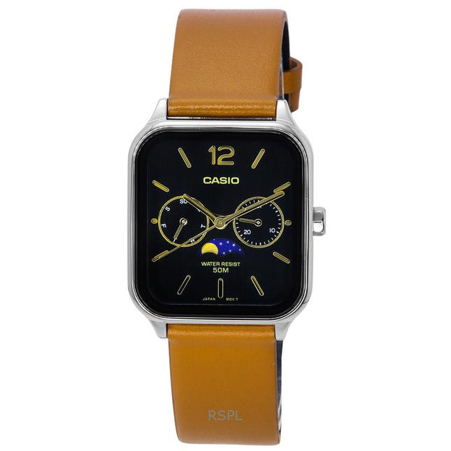 Refurbished Casio Standard Analog Moon Phase Leather Strap Black Dial Quartz MTP-M305L-1A Men's Watch