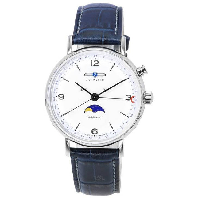 Zeppelin LZ 129 Hindenburg Leather Strap Moon Phase White Dial Quartz 80761 Men's Watch