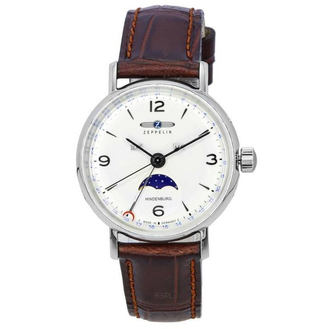 Zeppelin LZ 129 Hindenburg Leather Strap Moon Phase Beige Dial Quartz 80775 Men's Watch