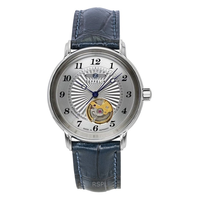 Zeppelin Friedrichshafen Leather Strap Open Heart Silver Dial Automatic 85671 Men's Watch
