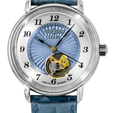 Zeppelin Friedrichshafen Leather Strap Open Heart Blue Dial Automatic 85673 Women's Watch