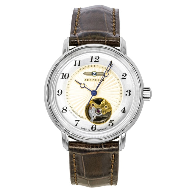 Zeppelin Friedrichshafen Leather Strap Open Heart Gold Dial Automatic 85675 Women's Watch
