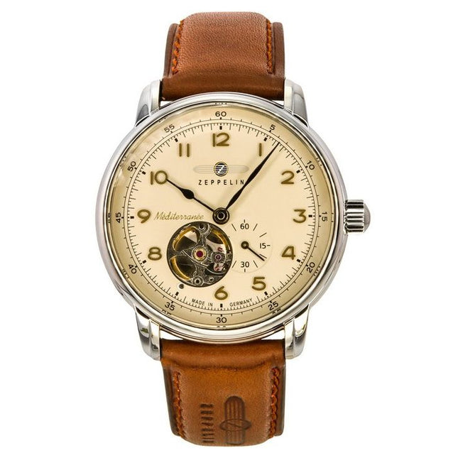Zeppelin Watches Mediterranee Leather Strap Open Heart Beige Dial Automatic 96665 Men's Watch