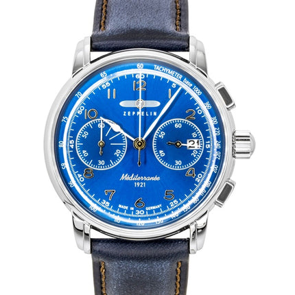 Zeppelin Mediterranee Chronograph Leather Strap Blue Dial Quartz 96703 Men's Watch