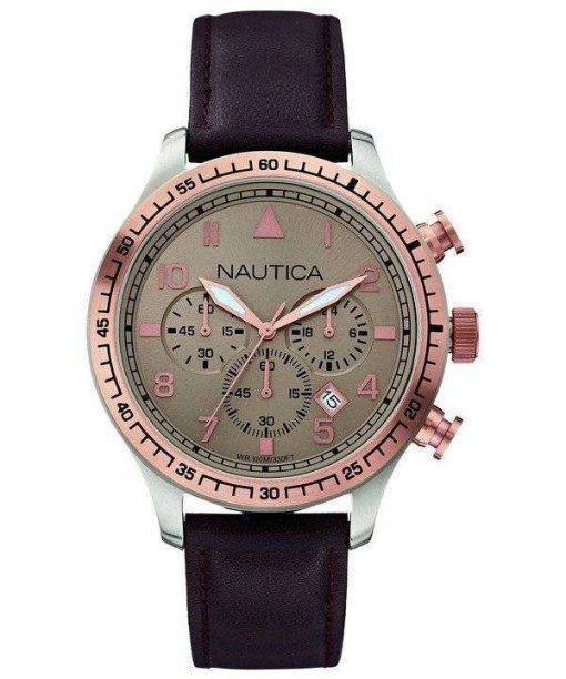 Nautica Chronograph Grey Dial Brown Leather Strap A17656G Men's Watch