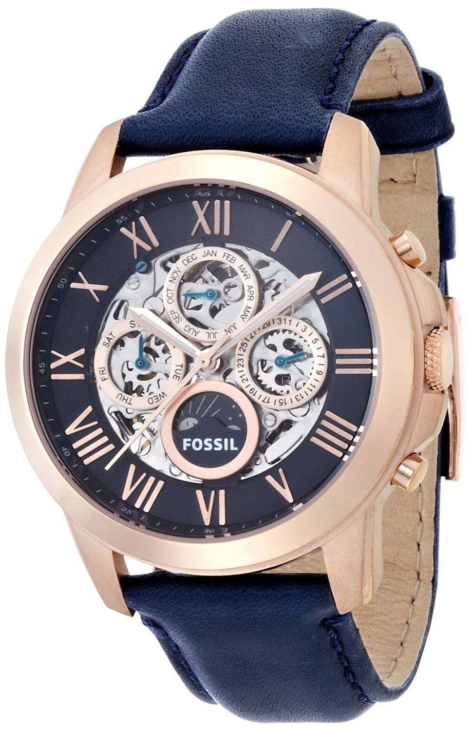 Fossil Grant Automatic Blue Skeleton Dial Blue Leather ME3029 Mens ...